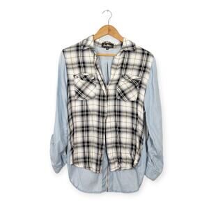 Sam Edelman Blue Plaid Front Button-Up Long Sleeve Top